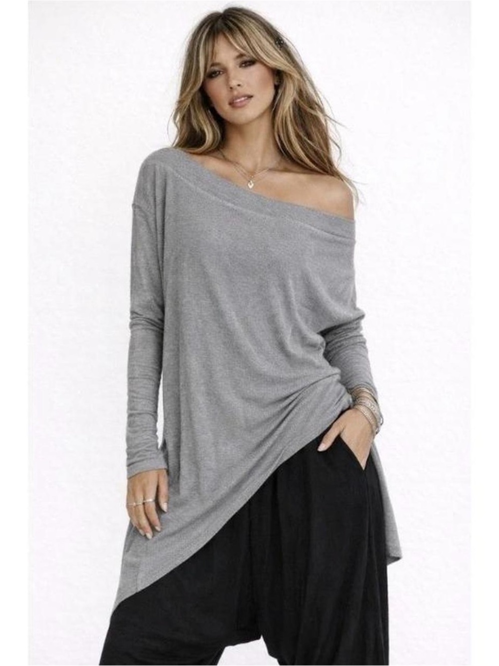 We The Free Free People Gray Ribbed Cowl Neck Asymmetrical Hem Tunic Top Size L